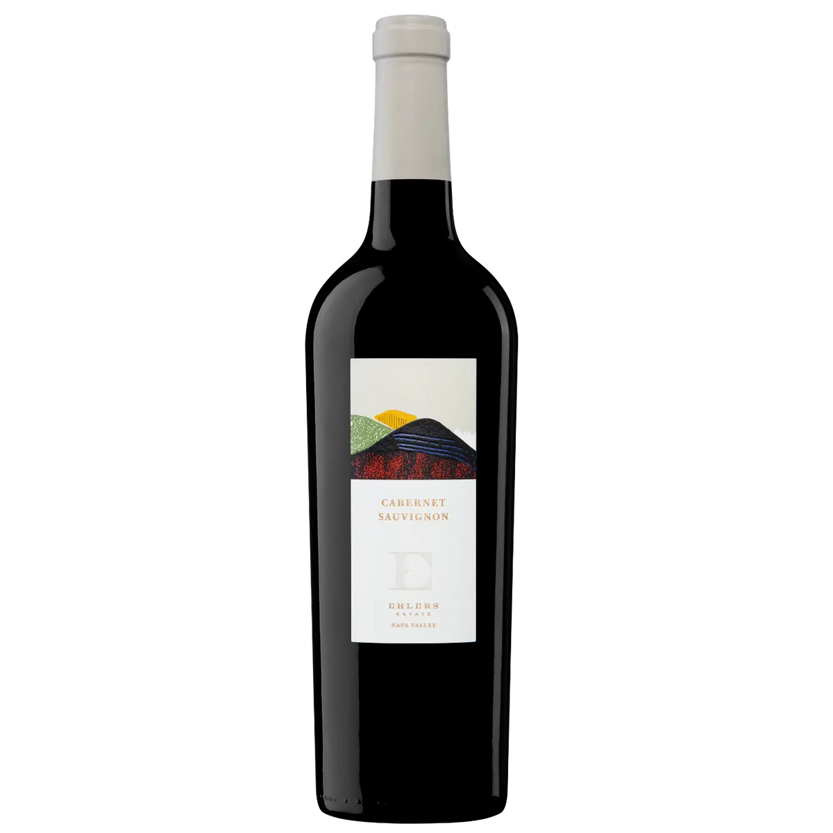 A bottle of Ehlers Estate Cabernet Sauvignon Napa Valley wine set against a transparent background. The bottle has dark glass with a silver foil capsule top. The cream label features a stylized, colorful illustration of rolling hills in shades of green, yellow, black, and red, with gold lettering that reads "CABERNET SAUVIGNON" above an embossed "E" logo and "EHLERS ESTATE NAPA VALLEY".