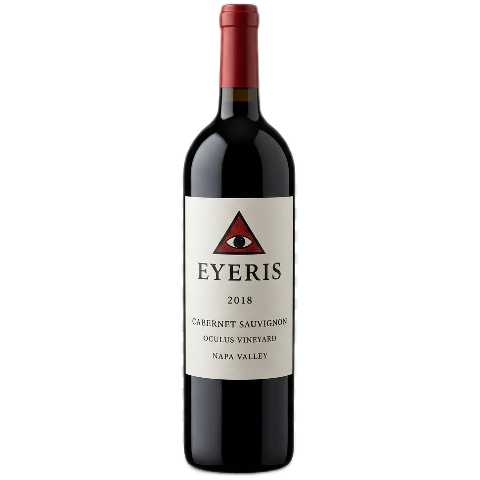 A photograph of a bottle of red wine, 'EYERIS' 2018 Cabernet Sauvignon from Oculus Vineyard in Napa Valley, with its specific label details, including the central graphic of a red triangle with an eye inside. It is shown against a  transparent background.