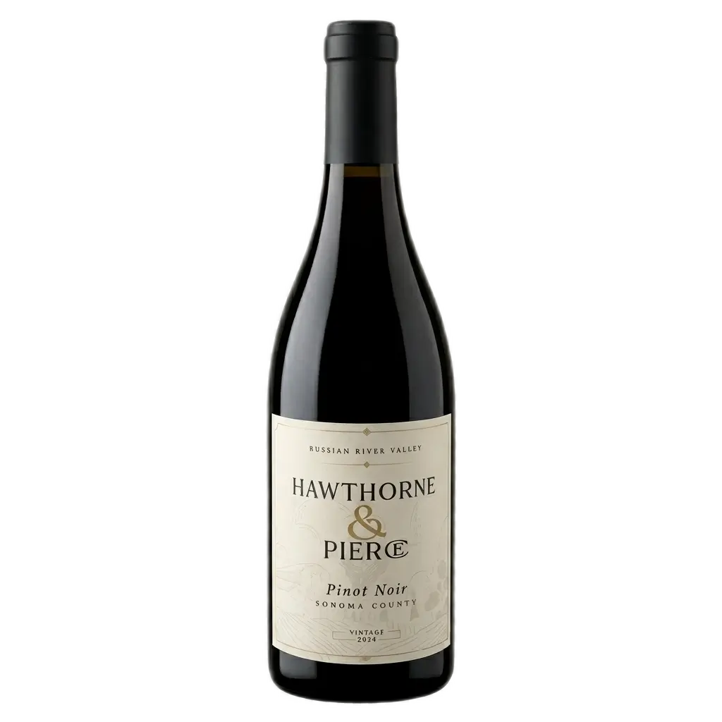A shot of a Burgundy-style red wine bottle isolated against a transparent grid background, formatted in a 1:1 square aspect ratio. The cream-colored label features the brand 