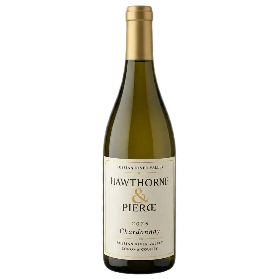 Hawthorne & Pierce 2025 Russian River Valley Chardonnay wine bottle set against a transparent background.
