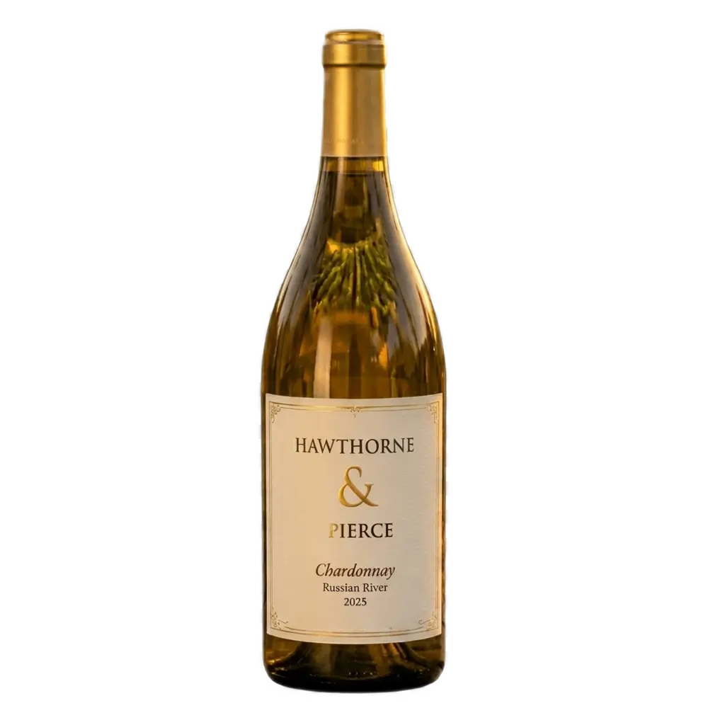 product shot of a Hawthorne & Pierce 2025 Russian River Valley Chardonnay wine bottle on a clean white background, showcasing the elegant cream and gold label.