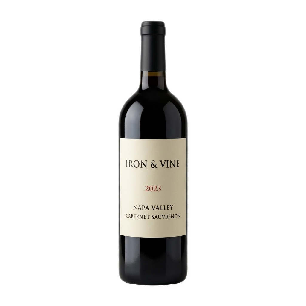 Isolated studio shot of a wine bottle featuring the "Iron & Vine" label, 2023 Napa Valley Cabernet Sauvignon, centered against a transparent grid background.
