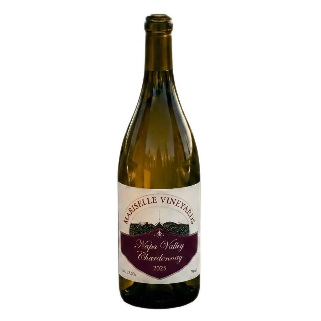 A bottle shot of Mariselle Vineyards 2025 Napa Valley Chardonnay against a clean, light gray gradient background. The white and deep burgundy label features elegant script typography and crisp technical details for Alc. 13.5% and 750ml.