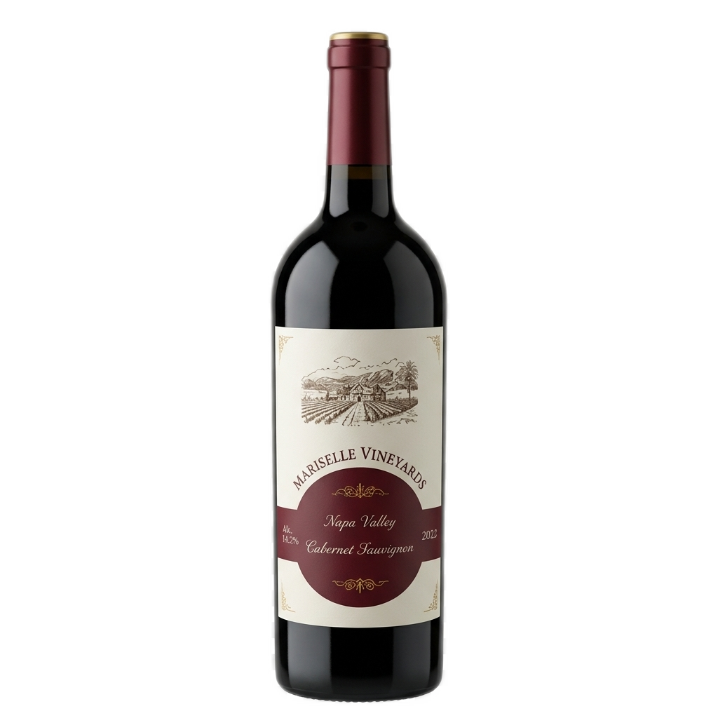 Isolated 2022 Mariselle Vineyards Cabernet Sauvignon wine bottle on a transparent background.