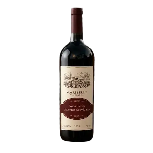 A studio product shot of a 750ml bottle of Mariselle Vineyards 2023 Napa Valley Cabernet Sauvignon, isolated on a transparent background.