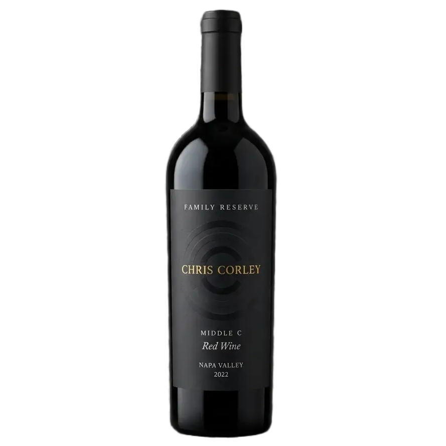 A glass bottle of Chris Corley Family Reserve 2022 red wine, displaying its front label and text over a dark gray checkerboard background.