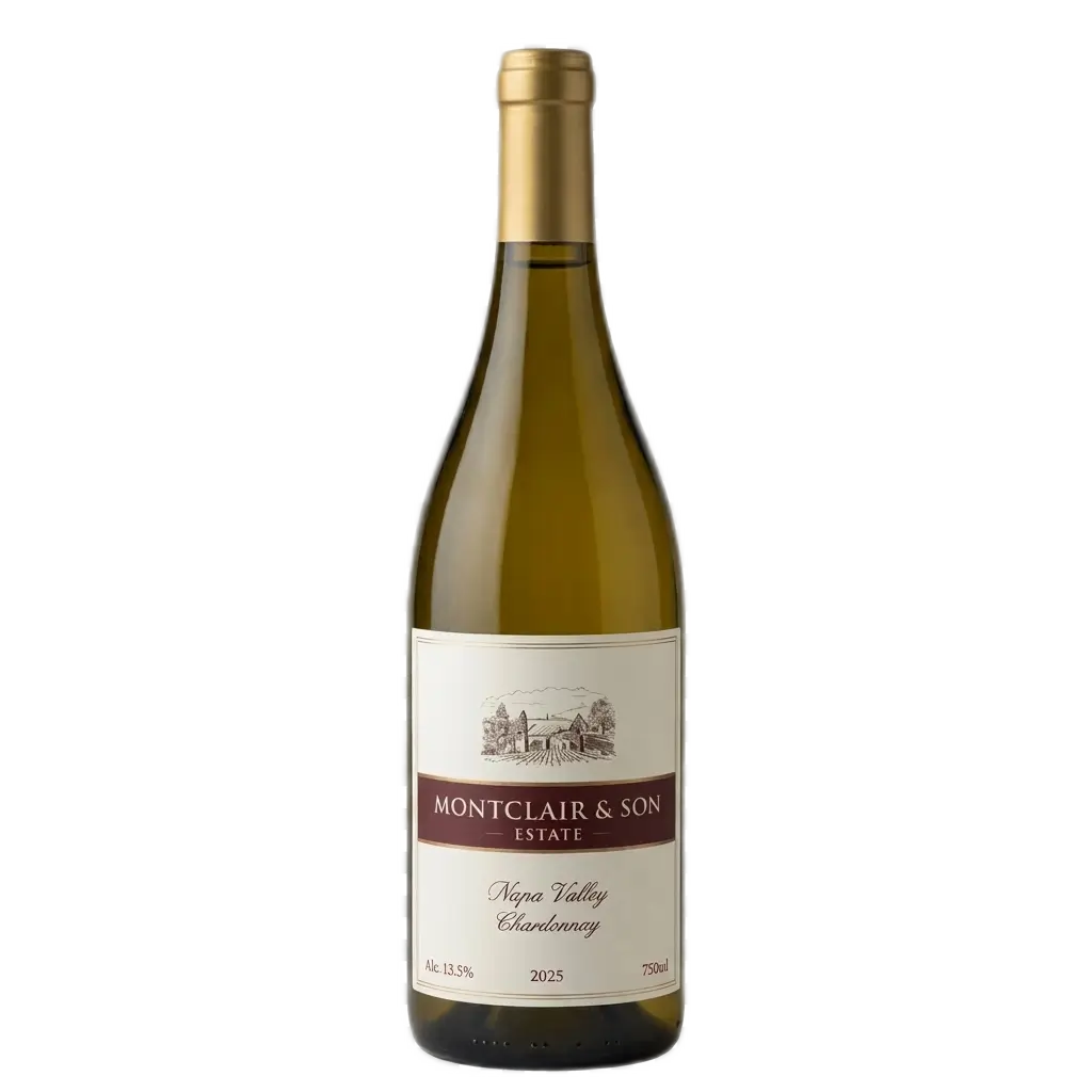 A product shot of a Burgundy-style wine bottle with an olive-green tint, filled with white wine, presented on a transparent checkerboard background in a 1:1 square aspect ratio.