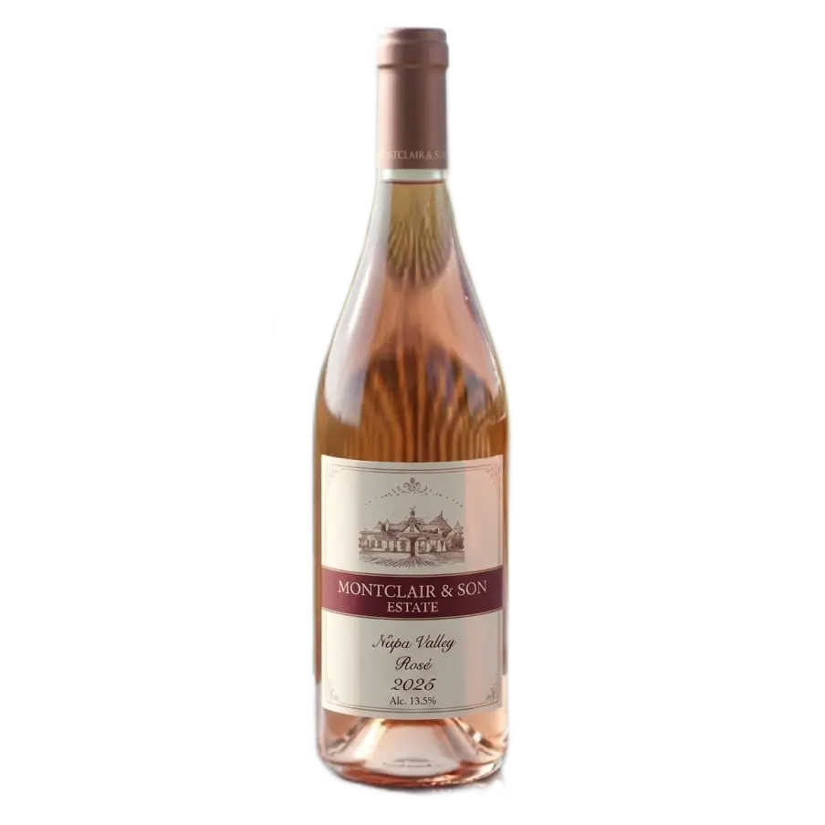 A shot of a clear glass wine bottle filled with pale pink rosé wine against a solid white background, featuring a cream-colored elegant label with dark red trim reading "Montclair & Son Estate Napa Valley Rosé 2025 Alc. 13.5%.