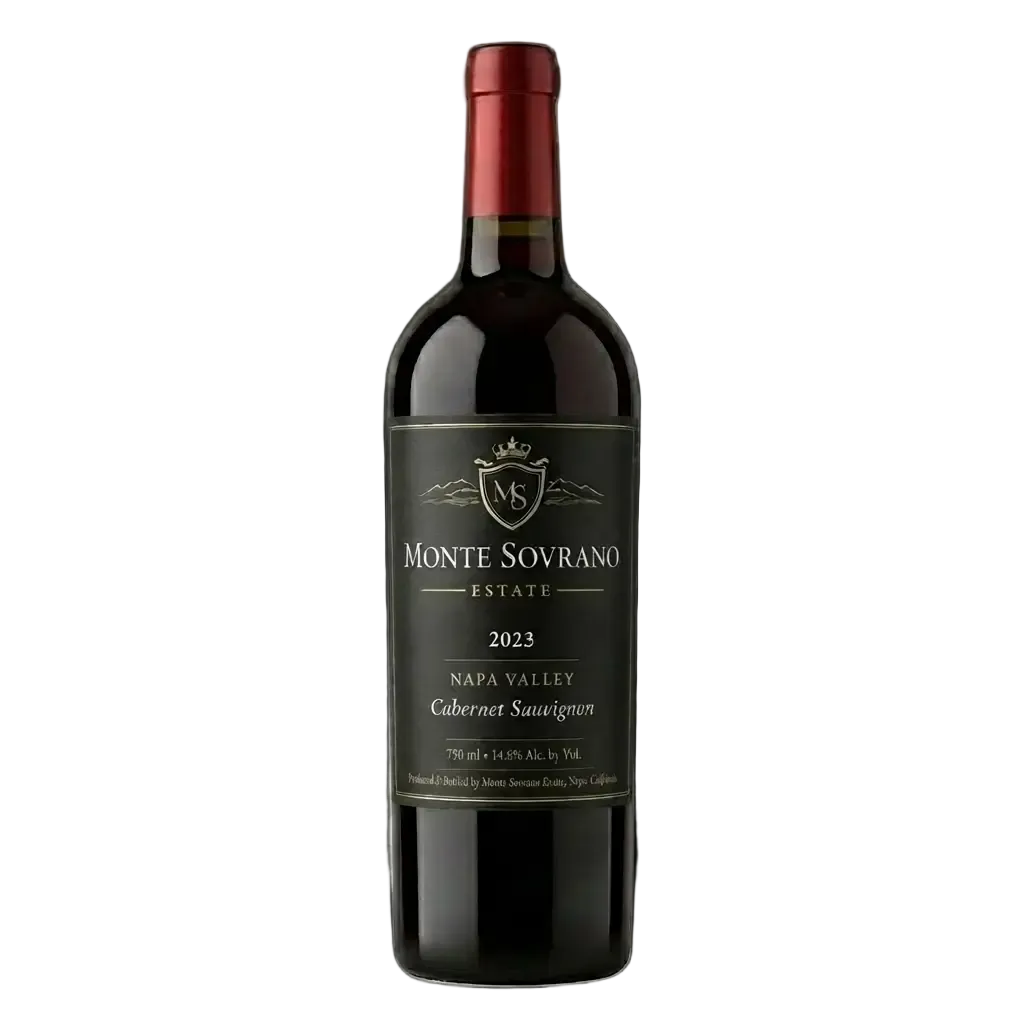 A product shot of a bottle of Monte Sovrano Estate Cabernet Sauvignon from the 2023 vintage, featuring a dark label with elegant serif typography on a black background.
