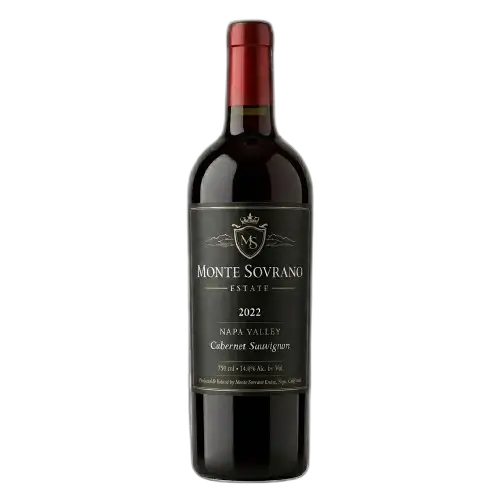 A studio product shot of a bottle of 2022 Monte Sovrano Estate Napa Valley Cabernet Sauvignon set against a clean black background. The wine bottle features an elegant dark label with the brand's crown and shield crest, and includes a secondary label at the bottom detailing the varietal and region.