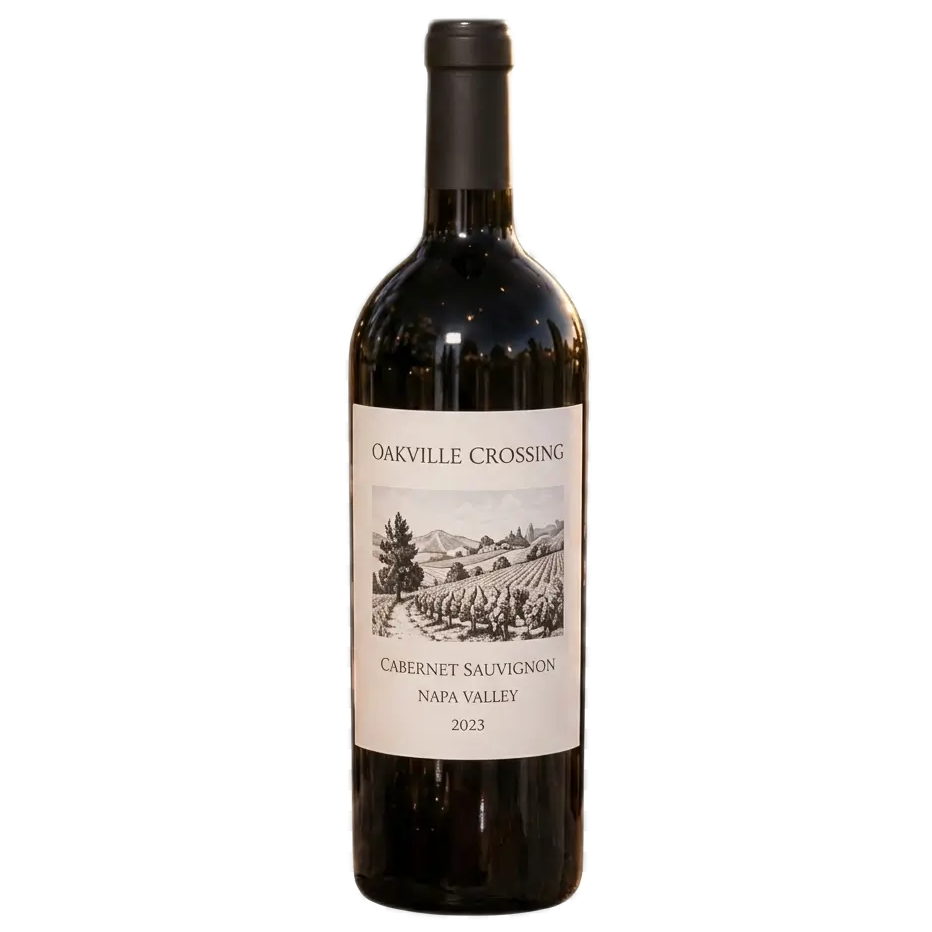 Front view of a bottle of 2023 Oakville Crossing Cabernet Sauvignon from Napa Valley, isolated on a transparent background