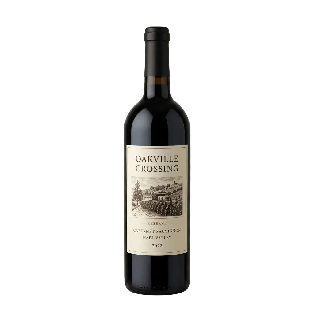 A bottle of Oakville Crossing Reserve 2022 Cabernet Sauvignon from Napa Valley, isolated on a transparent checkerboard background. The cream-colored label features an elegant sketch of a vineyard and estate hills.