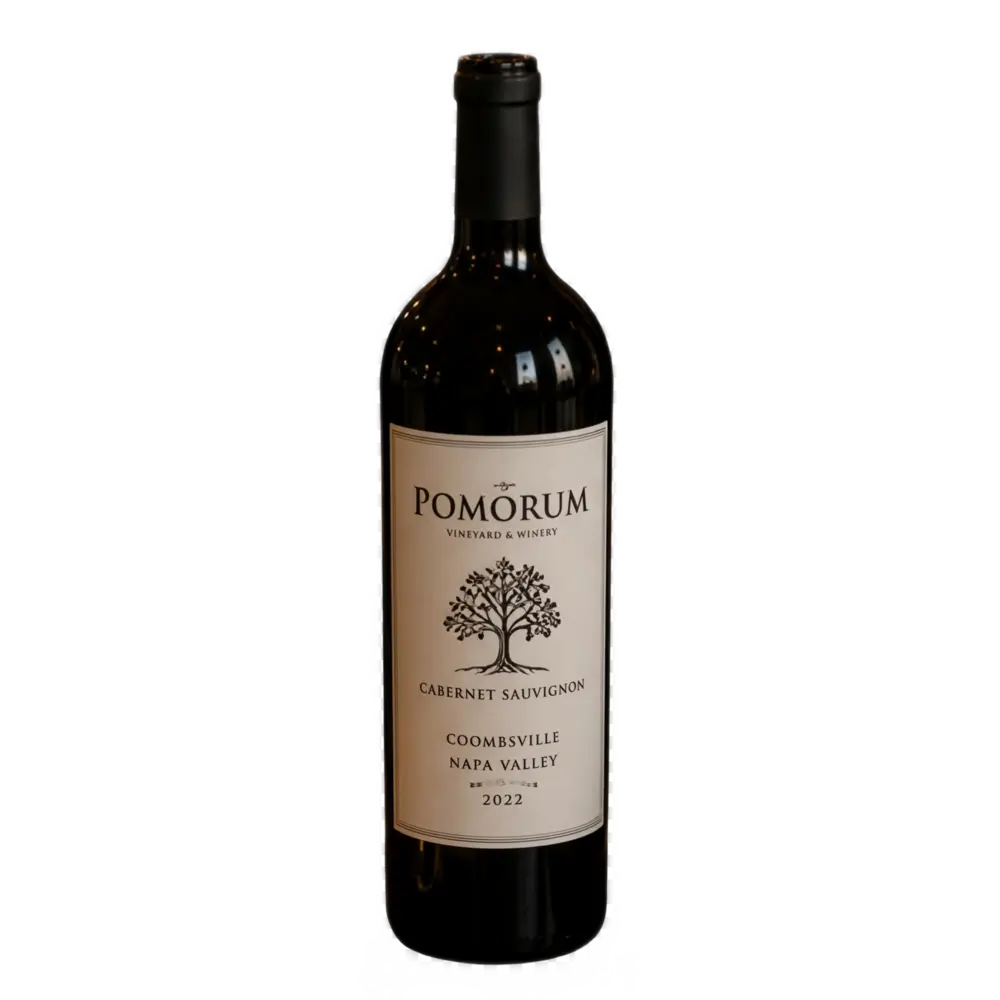 A product shot of a bottle of 2022 Pomorum Vineyard & Winery Cabernet Sauvignon from Coombsville, Napa Valley, isolated on a transparent background. The bottle features a cream label with an illustrated oak tree logo and dark serif typography.