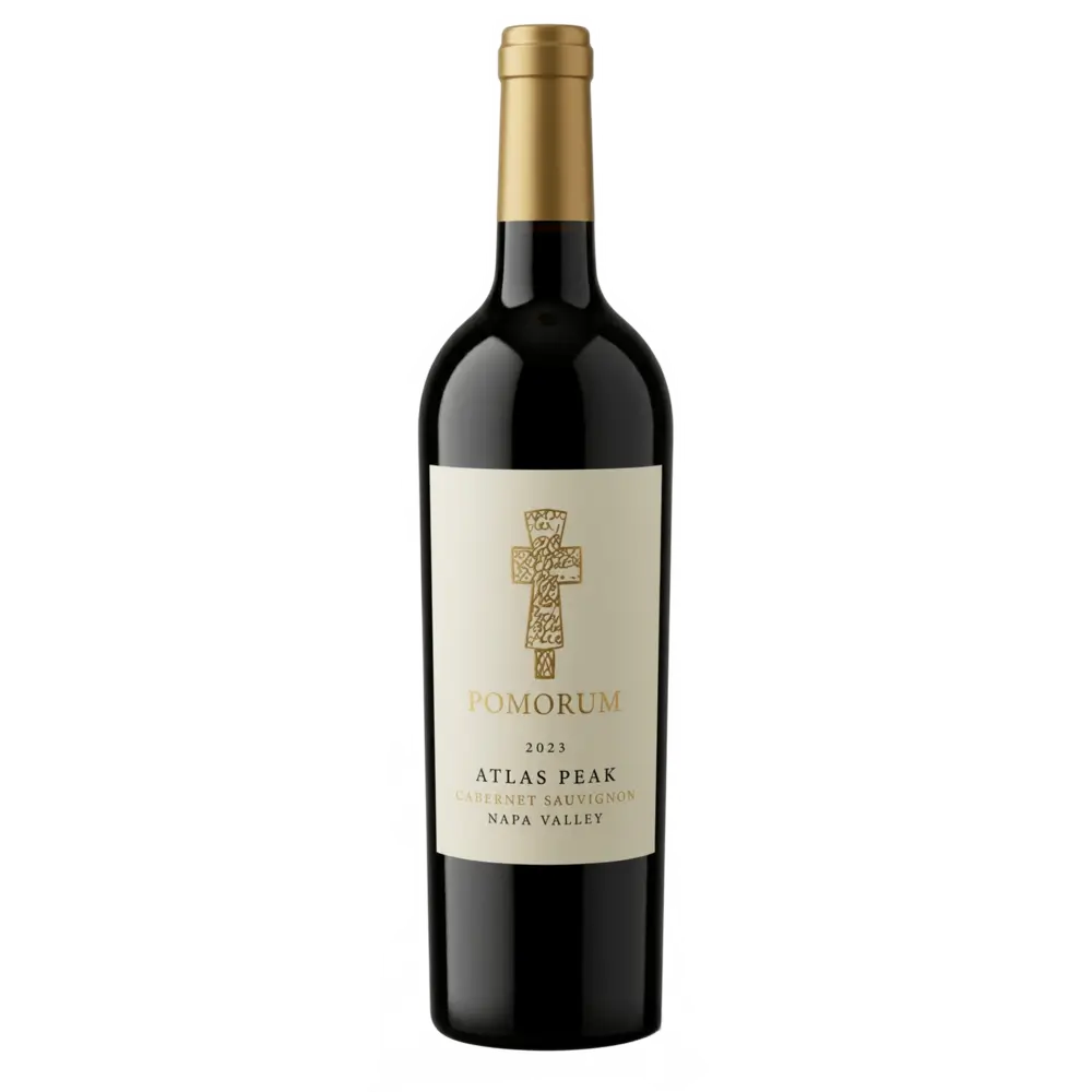A full bottle of Pomorum 2023 Atlas Peak Cabernet Sauvignon wine from Napa Valley with a gold foil capsule, beige label featuring a gold cross emblem, set against a plain white background.