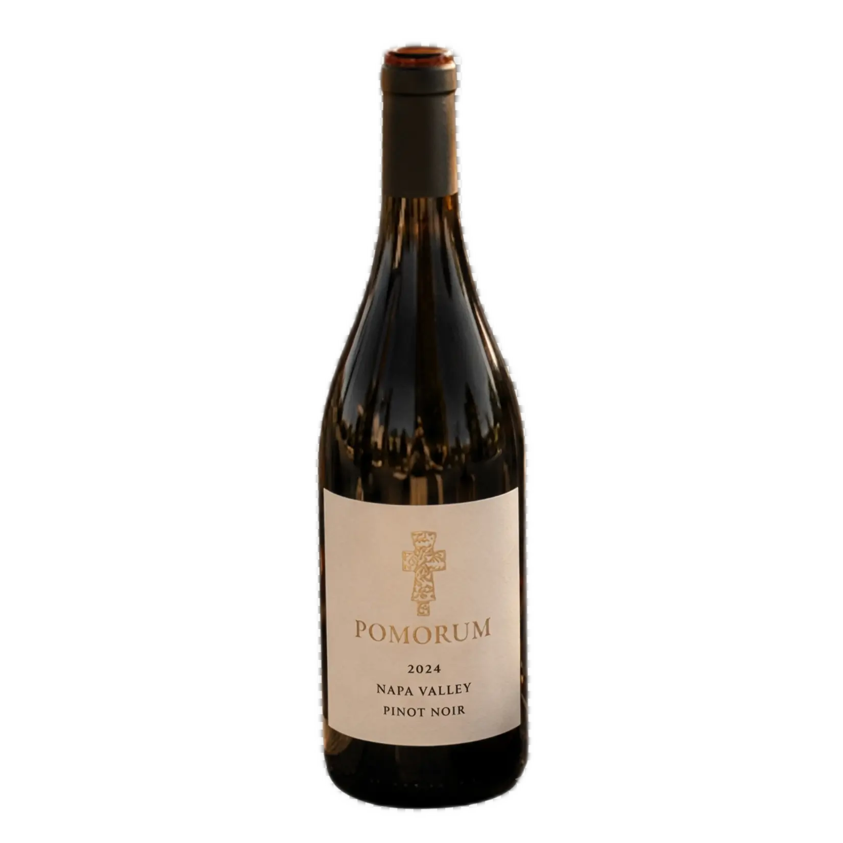 Pomorum 2024 Napa Valley Pinot Noir wine bottle with a cream and gold label, isolated on a transparent background.