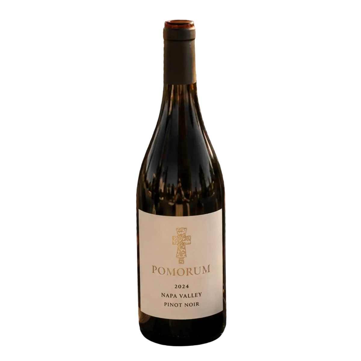 Pomorum 2024 Napa Valley Pinot Noir wine bottle with a cream and gold label, isolated on a transparent background.