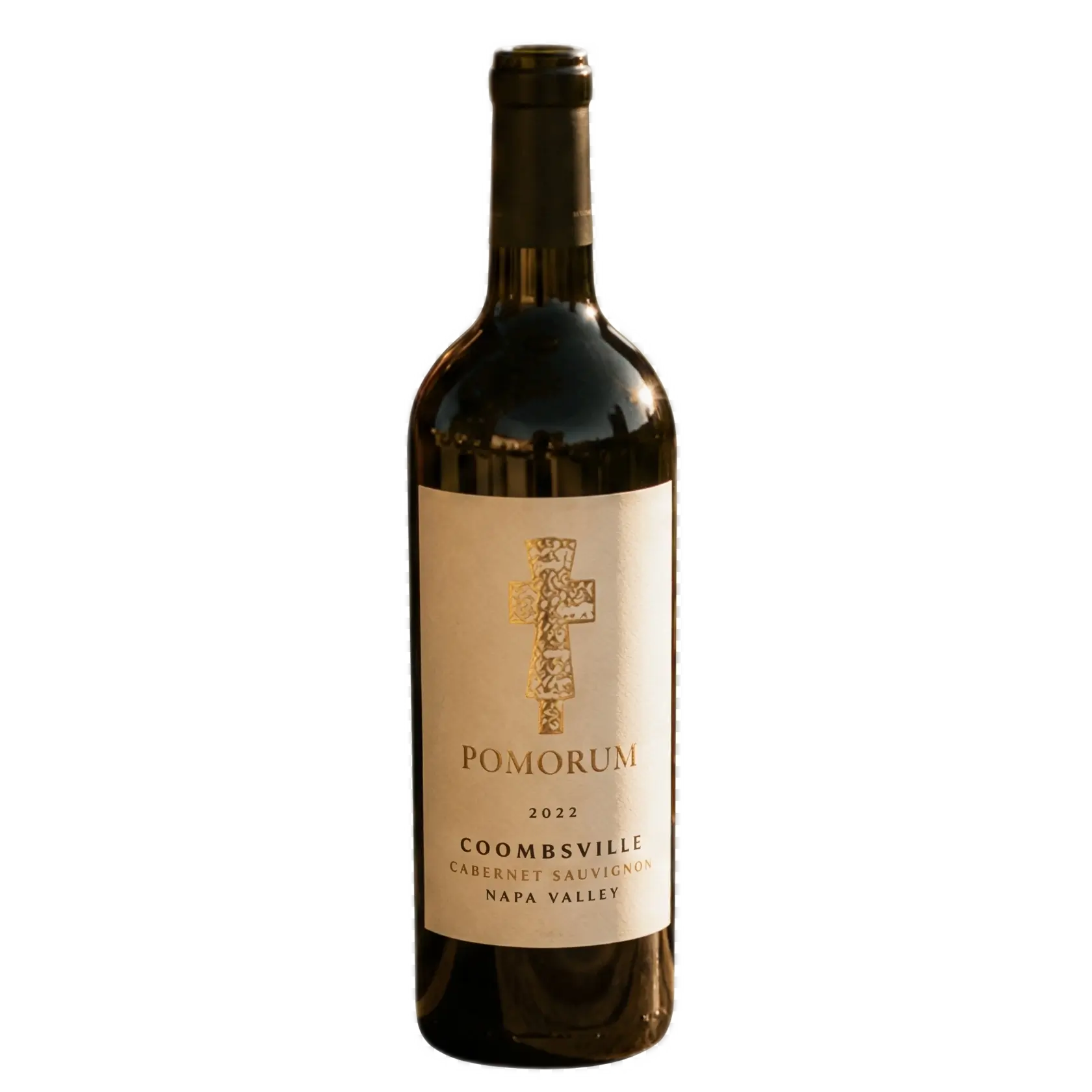 Isolated view of a single bottle of Pomorum 2022 Coombsville Cabernet Sauvignon, Napa Valley wine. The bottle features a dark, long-necked shape with a black cap. A white label, positioned on the front, displays a gold, intricately patterned cross at the top, followed by the text 