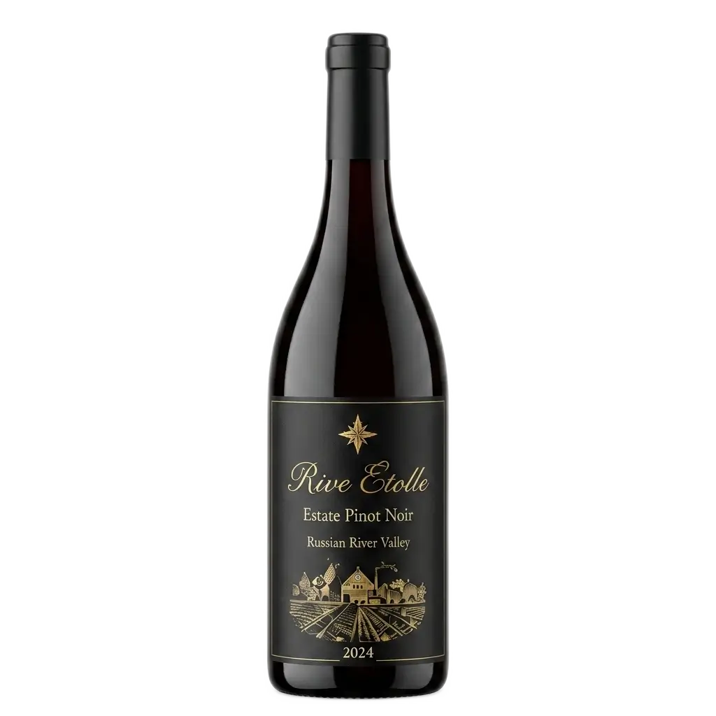 A single glass bottle of Rive Etolle 2024 Estate Pinot Noir, Russian River Valley red wine, standing centered against a transparent background. The bottle has a black and gold label.