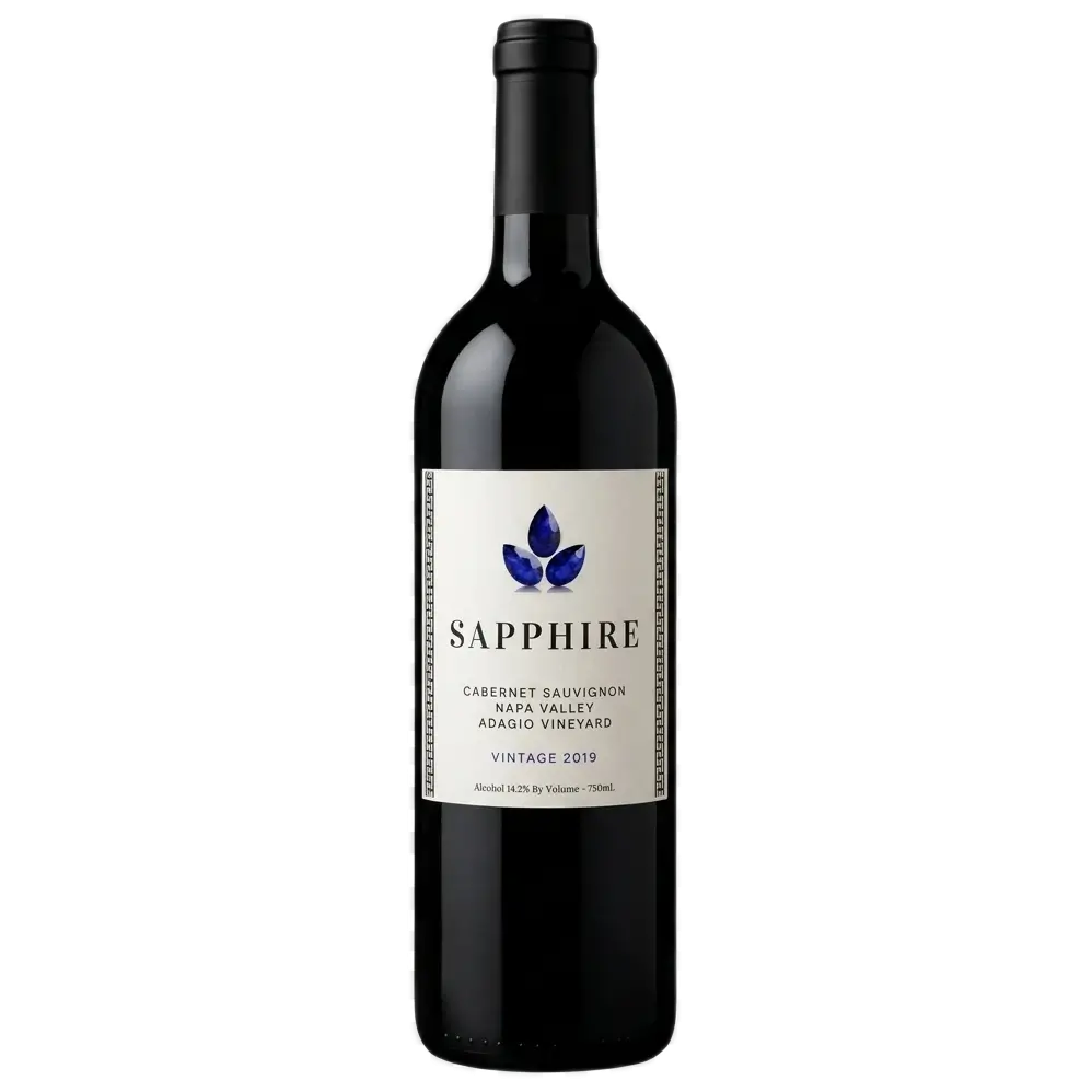 A 1:1 square aspect ratio image featuring a bottle of 'SAPPHIRE' Cabernet Sauvignon wine centered against a grey and white checkerboard pattern representing a transparent background. The dark glass bottle features a detailed white label reading 'SAPPHIRE', 'CABERNET SAUVIGNON', 'NAPA VALLEY', 'ADAGIO VINEYARD', 'VINTAGE 2019', and 'Alcohol 14.2% By Volume - 750mL', accented by three blue gem graphics at the top.