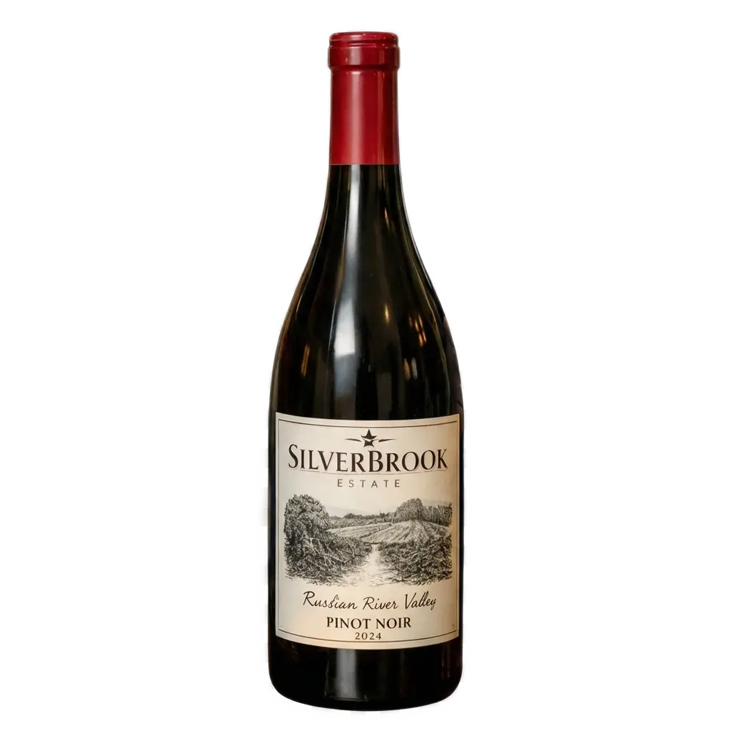 A bottle of Silverbrook Estate 2024 Pinot Noir from the Russian River Valley, isolated on a transparent background