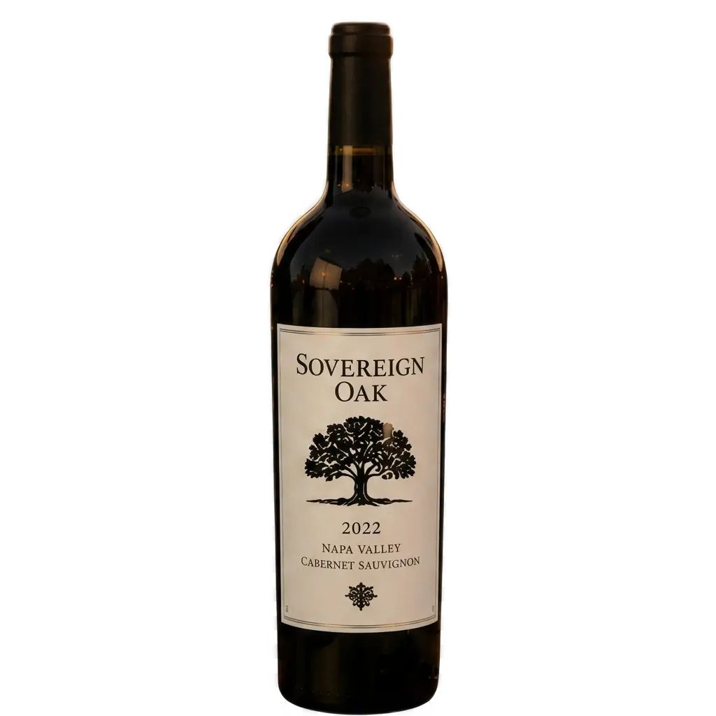 A full-length product shot of a Sovereign Oak 2022 Napa Valley Cabernet Sauvignon wine bottle, isolated on a transparent background with a square 1:1 aspect ratio.