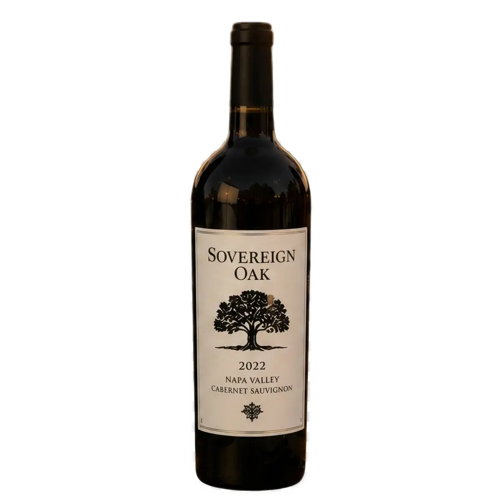 A bottle shot of a Sovereign Oak 2022 Napa Valley Cabernet Sauvignon wine bottle, featuring an oak tree logo on a white label, isolated on a transparent background.