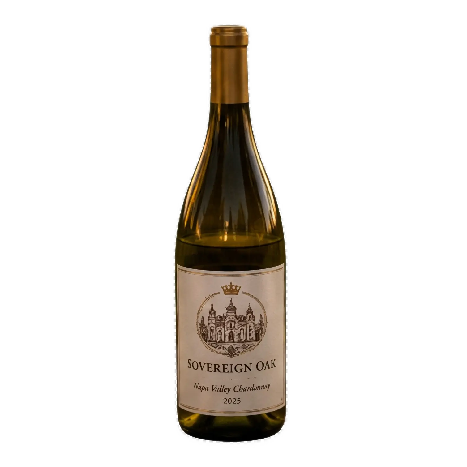 A full-length product shot of a bottle of Sovereign Oak 2025 Napa Valley Chardonnay against a clean white background. The elegant cream label features an intricate sketch of a classic estate building topped with a crown crest.