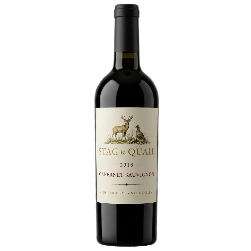 Stag & Quail 2018 Cabernet Sauvignon wine bottle centered on a transparent background, featuring a light-beige label with stag and quail artwork, text details, and a yellow dashed line near the bottom.