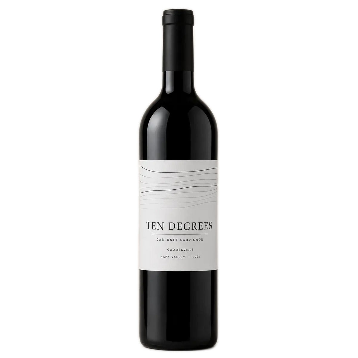 A bottle of Ten Degrees Cabernet Sauvignon is centered against a transparent background.