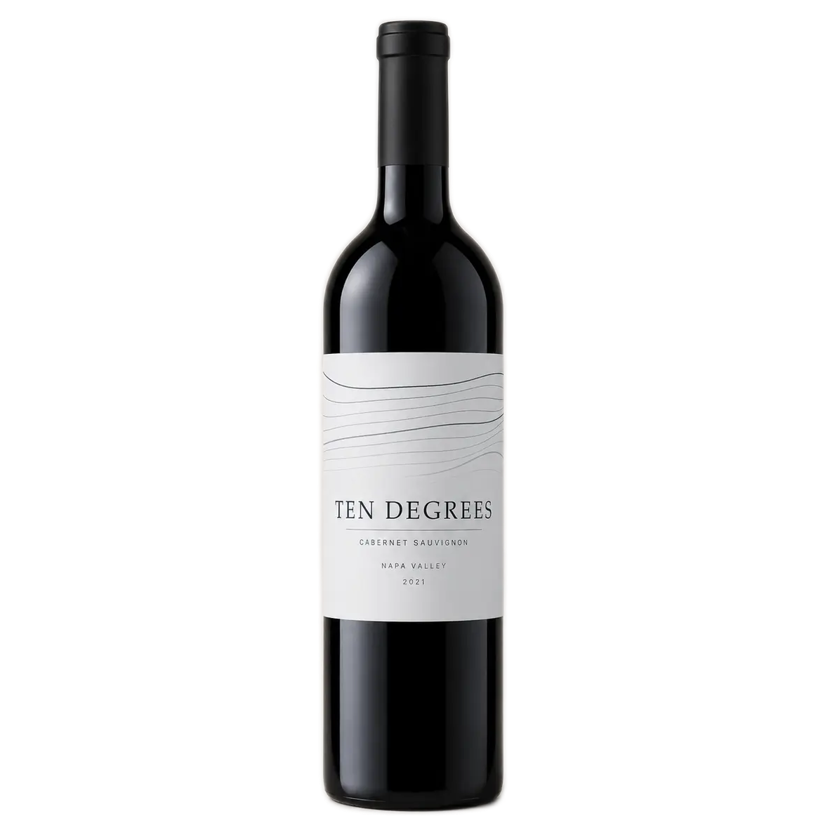 A bottle of Ten Degrees 2021 Napa Valley Cabernet Sauvignon wine stands isolated against a transparent background, featuring a light grey paper label with wavy black lines on top, and black text that reads 'TEN DEGREES', 'CABERNET SAUVIGNON', 'NAPA VALLEY', and '2021'.