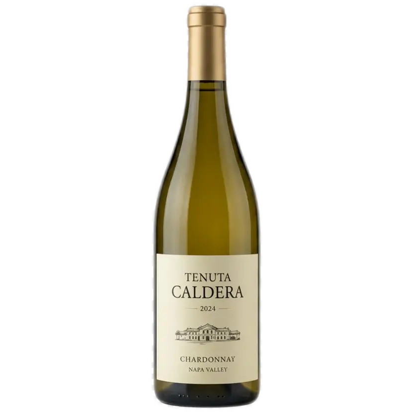 Front view of Tenuta Caldera 2024 Chardonnay wine bottle featuring a gold capsule and cream label with winery illustration, isolated on a transparent background