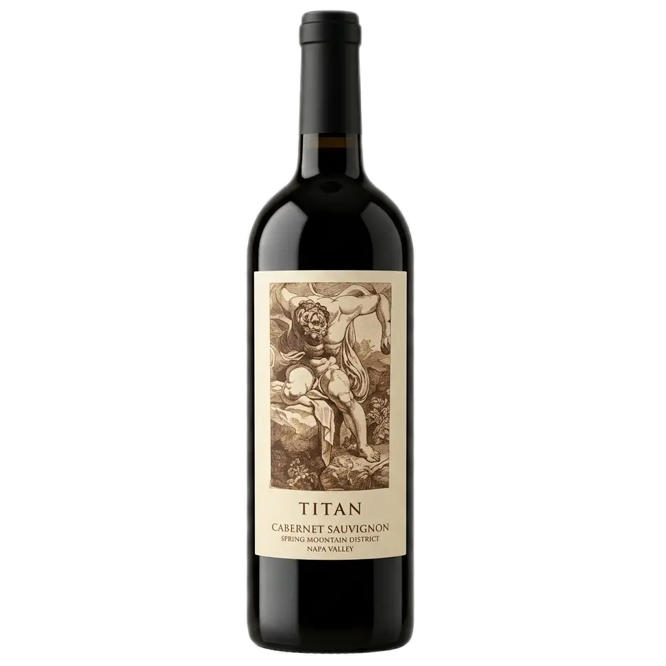 A bottle of Titan Cabernet Sauvignon wine from Spring Mountain District, Napa Valley, centered on a transparent background.