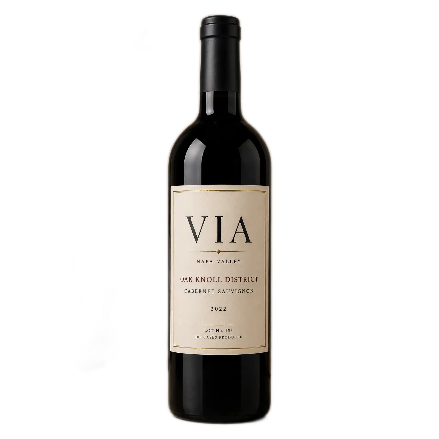 VIA Napa Valley 2022 Oak Knoll District Cabernet Sauvignon red wine bottle, Lot 153 limited production.