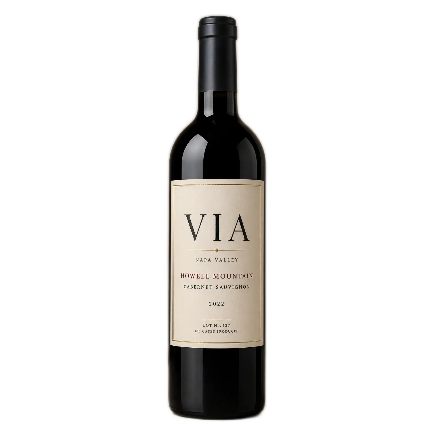 A bottle of VIA 2022 Howell Mountain Cabernet Sauvignon from Napa Valley, Lot No. 127, set against a solid white background with a textured off-white label bordered in gold detailing.