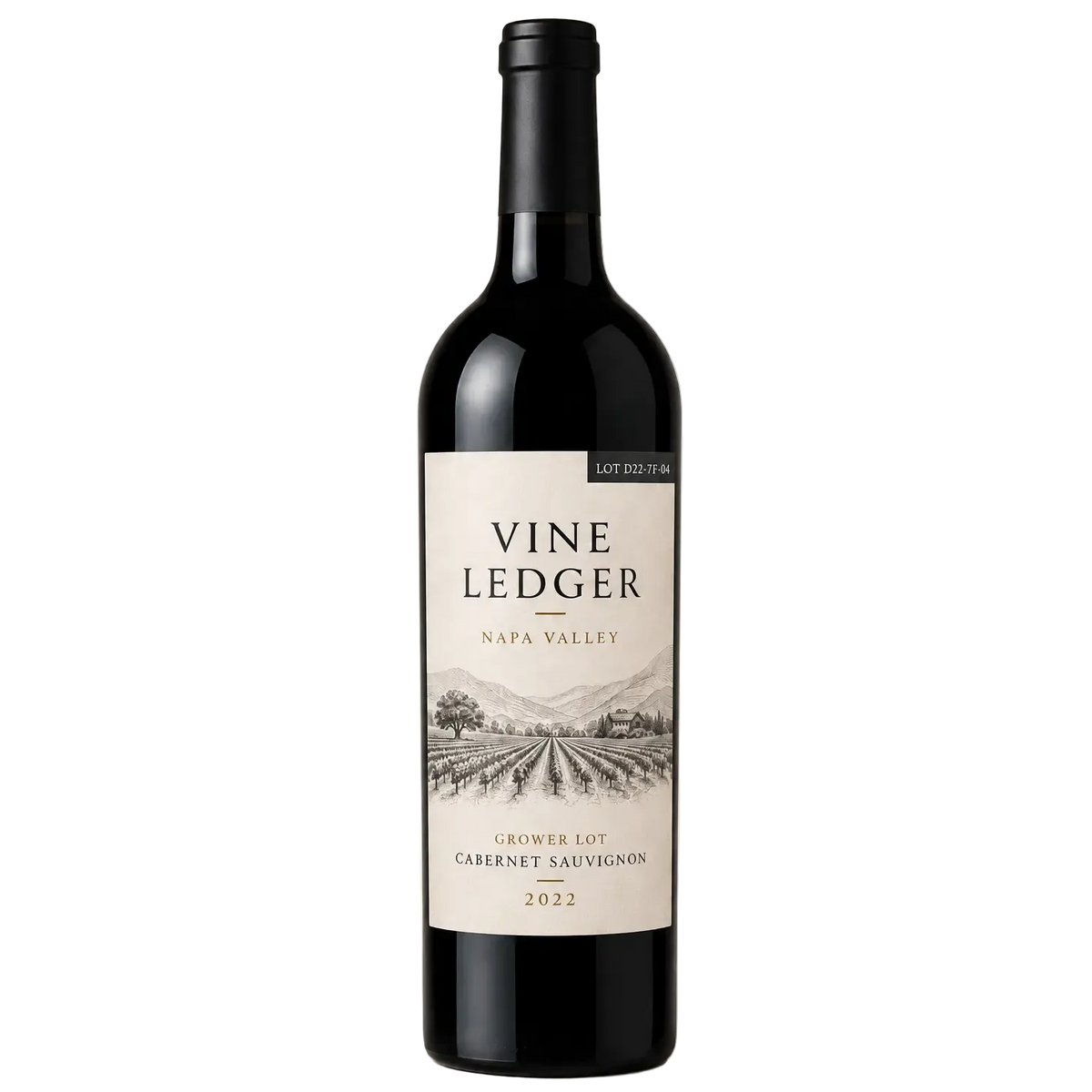 A full bottle of 2022 Vine Ledger Napa Valley Cabernet Sauvignon is centered against a transparent background.