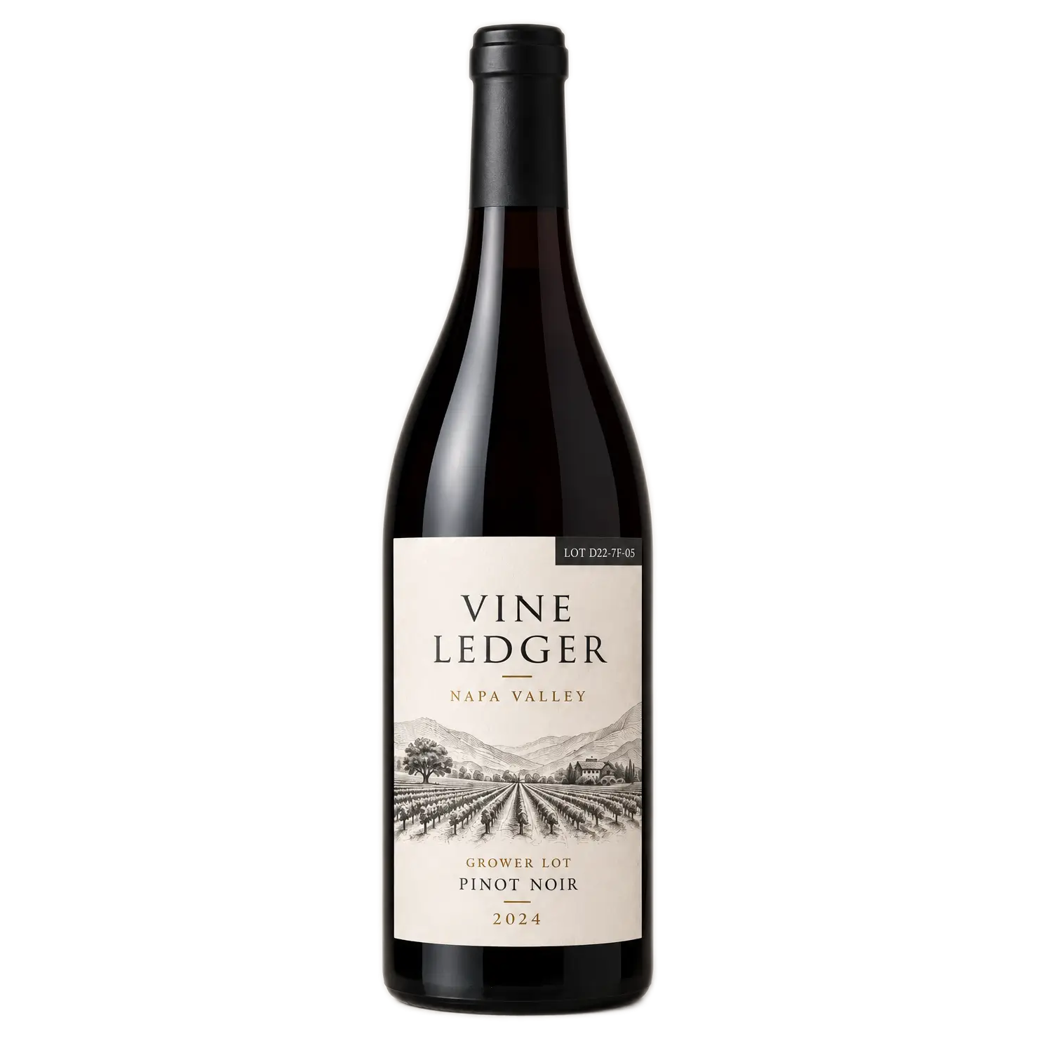A bottle of Vine Ledger Napa Valley Grower Lot Pinot Noir 2024 wine, featuring a dark glass bottle with a cream-colored label and a black capsule, set against a plain white background.