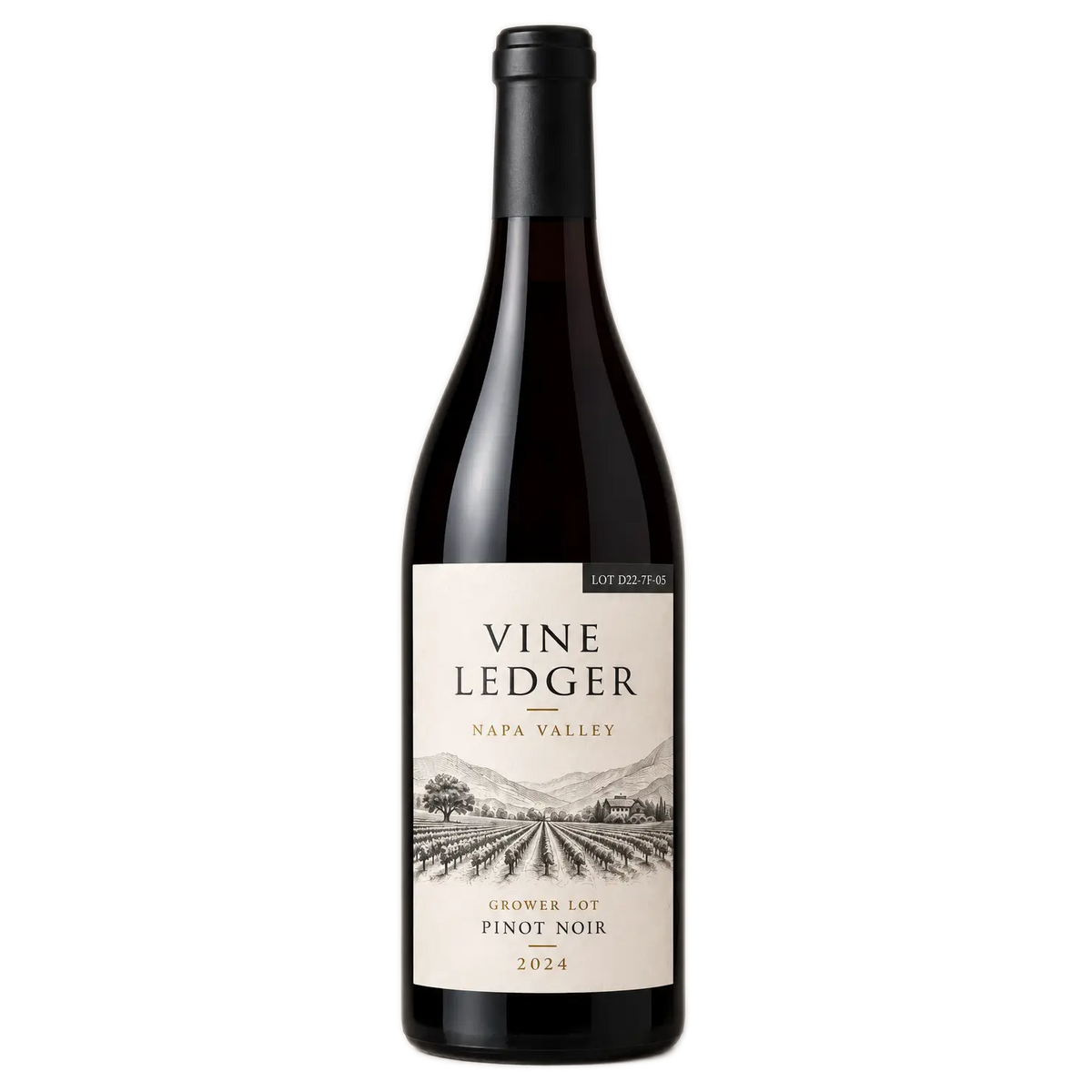 A bottle of Vine Ledger Napa Valley Grower Lot Pinot Noir 2024 wine, featuring a dark glass bottle with a cream-colored label and a black capsule, set against a plain white background.