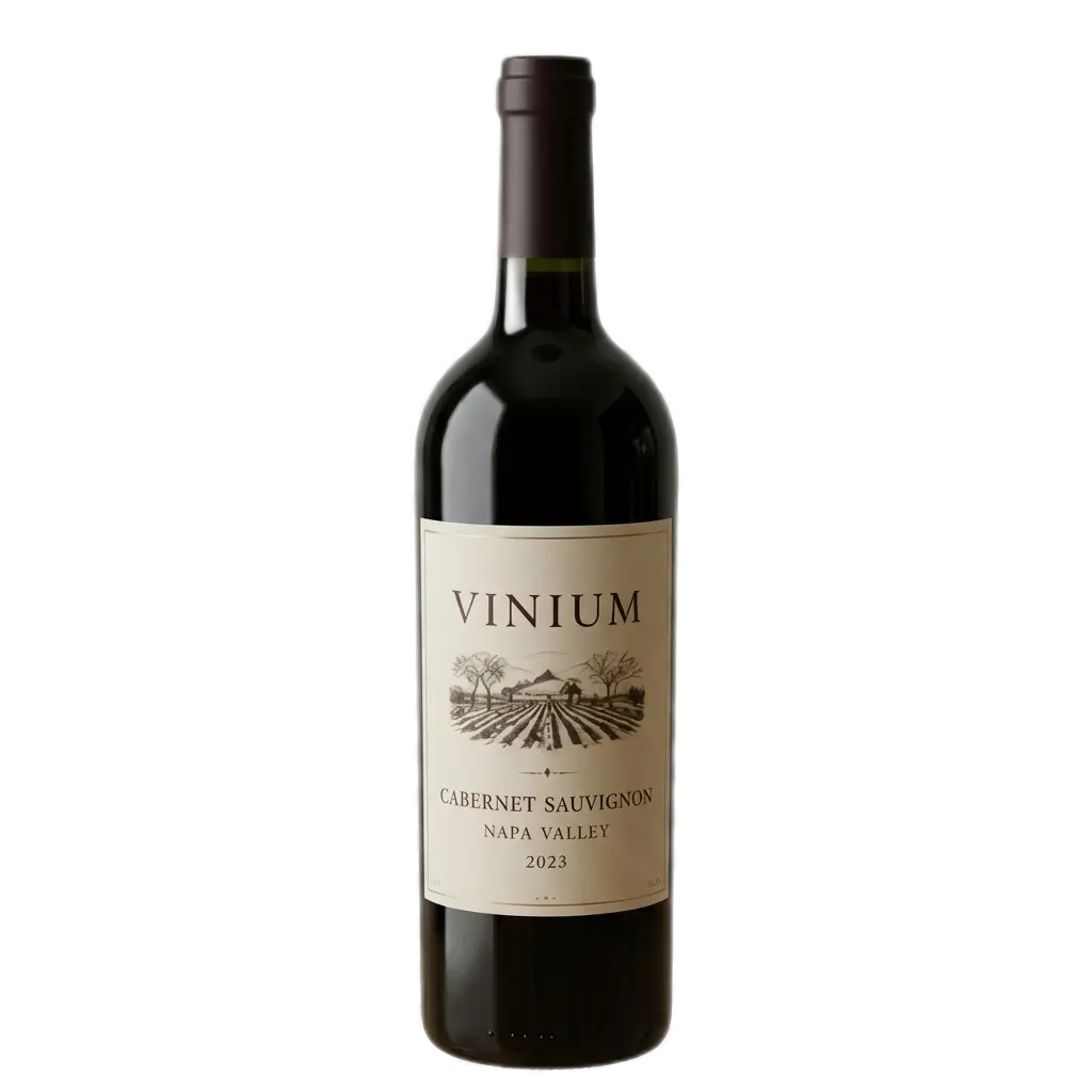 A studio shot of a single bottle of Vinium 2023 Napa Valley Cabernet Sauvignon, featuring an elegant label with a vineyard illustration on a white background.