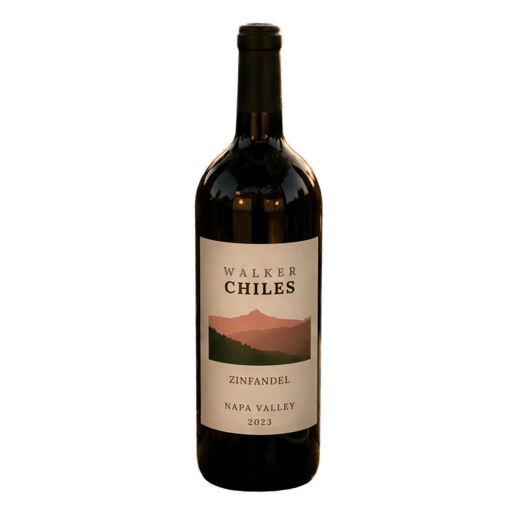 A bottle of Walker Chiles 2023 Zinfandel from Napa Valley isolated on a clean, transparent white background, showcasing the premium label design.