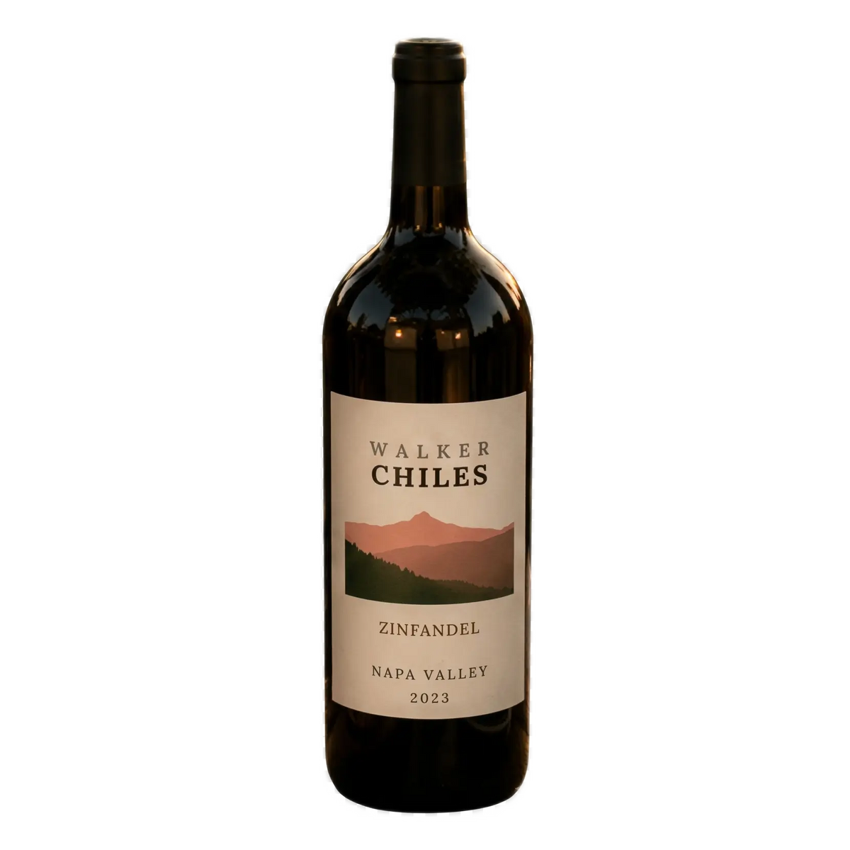 A bottle of Walker Chiles 2023 Zinfandel from Napa Valley isolated on a clean, transparent white background, showcasing the premium label design.