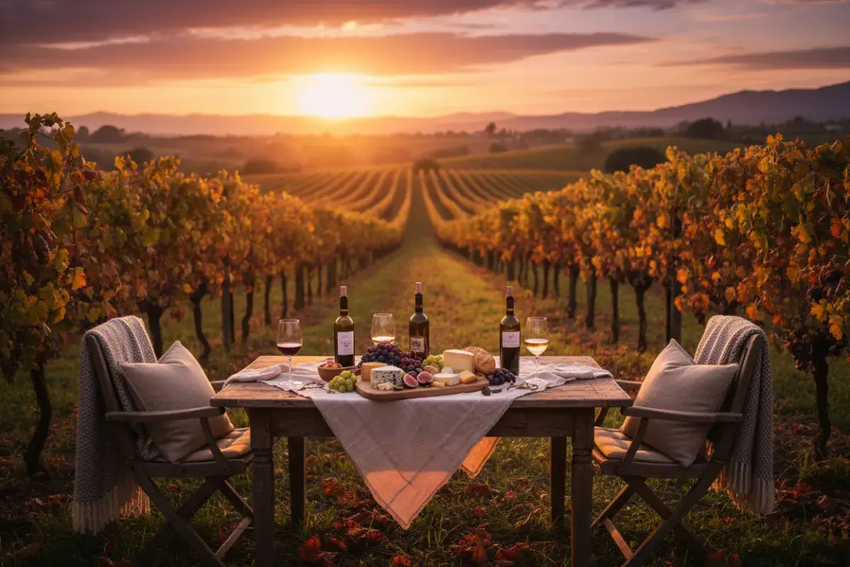 Table set for a meal in a vineyard with sunset view