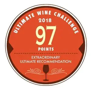 Wine rating label with 97 points and 'Ultimate Wine Challenge' text on an orange background