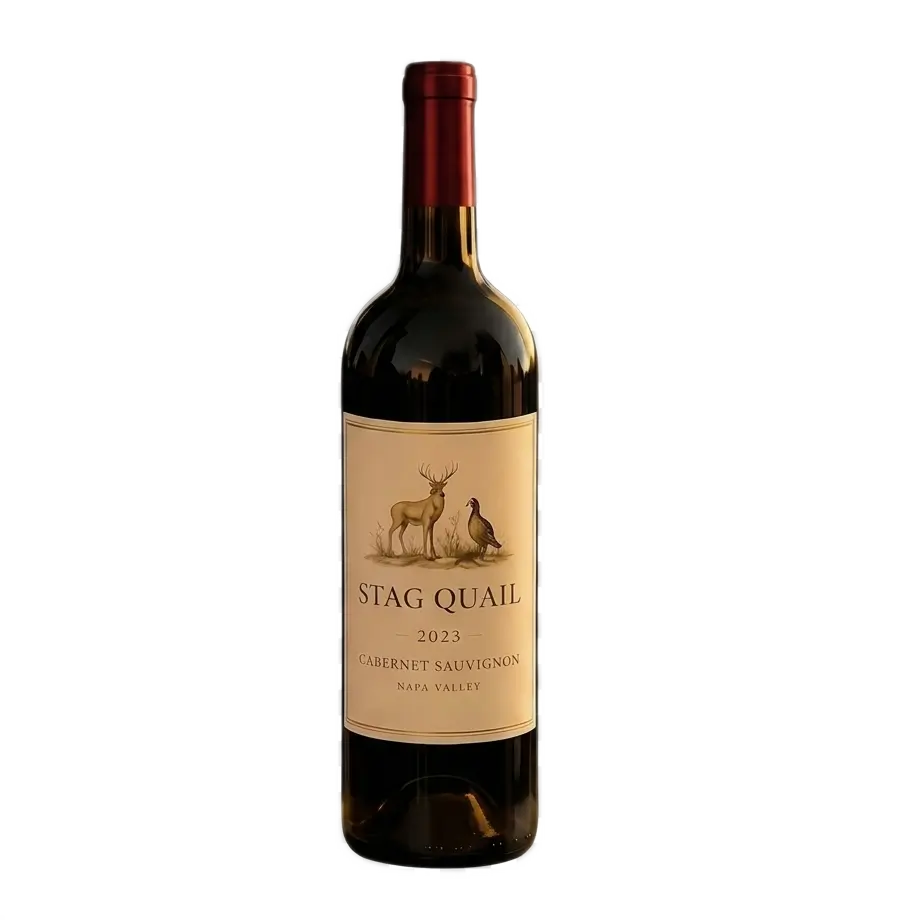 A 1:1 square product shot of a Stag & Quail 2023 Napa Valley Cabernet Sauvignon wine bottle, isolated centered against a gray and white checkered transparent grid background.