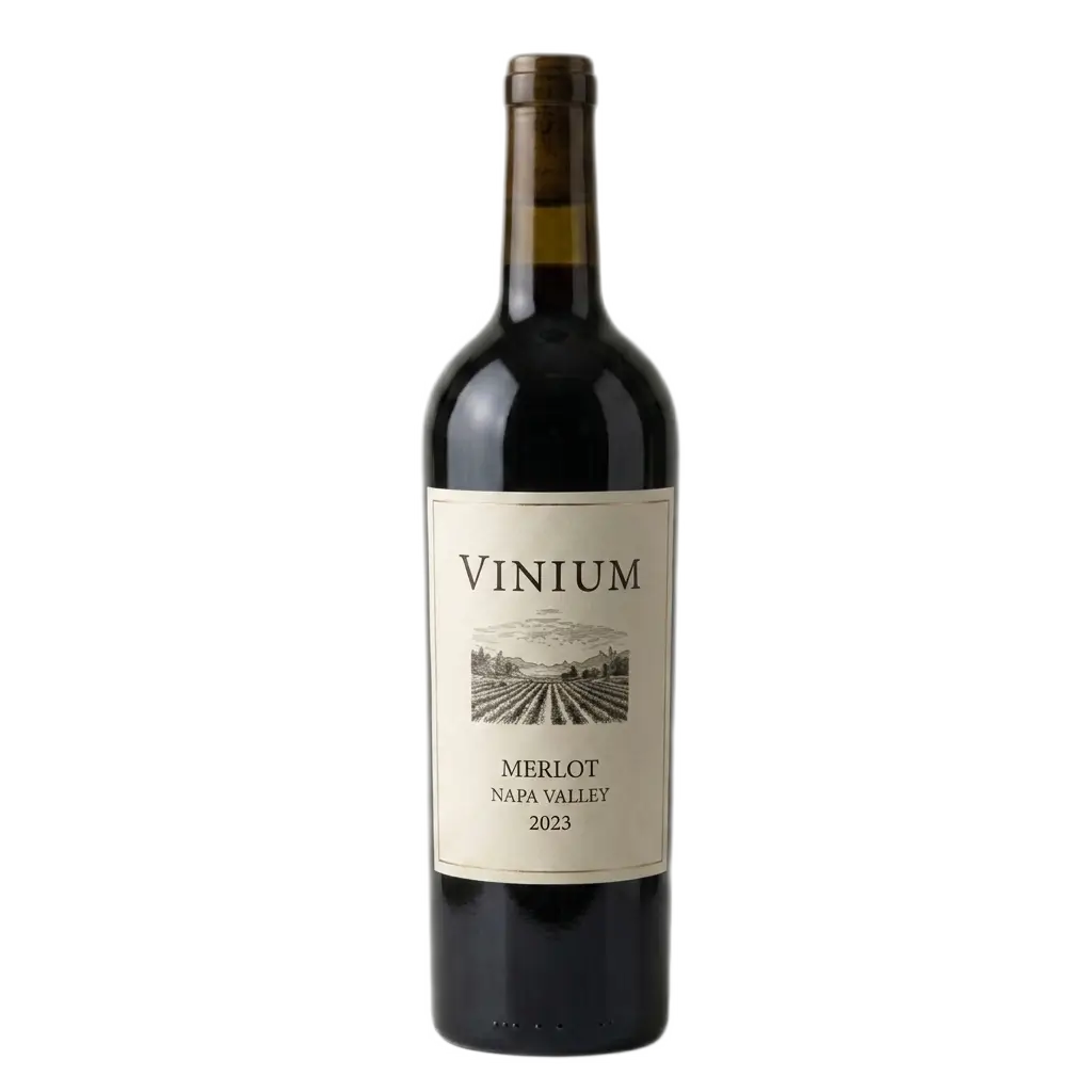 An isolated studio shot of a Vinium 2023 Napa Valley Merlot wine bottle against a clean, transparent background, highlighting the classic cream label and elegant bottle silhouette.